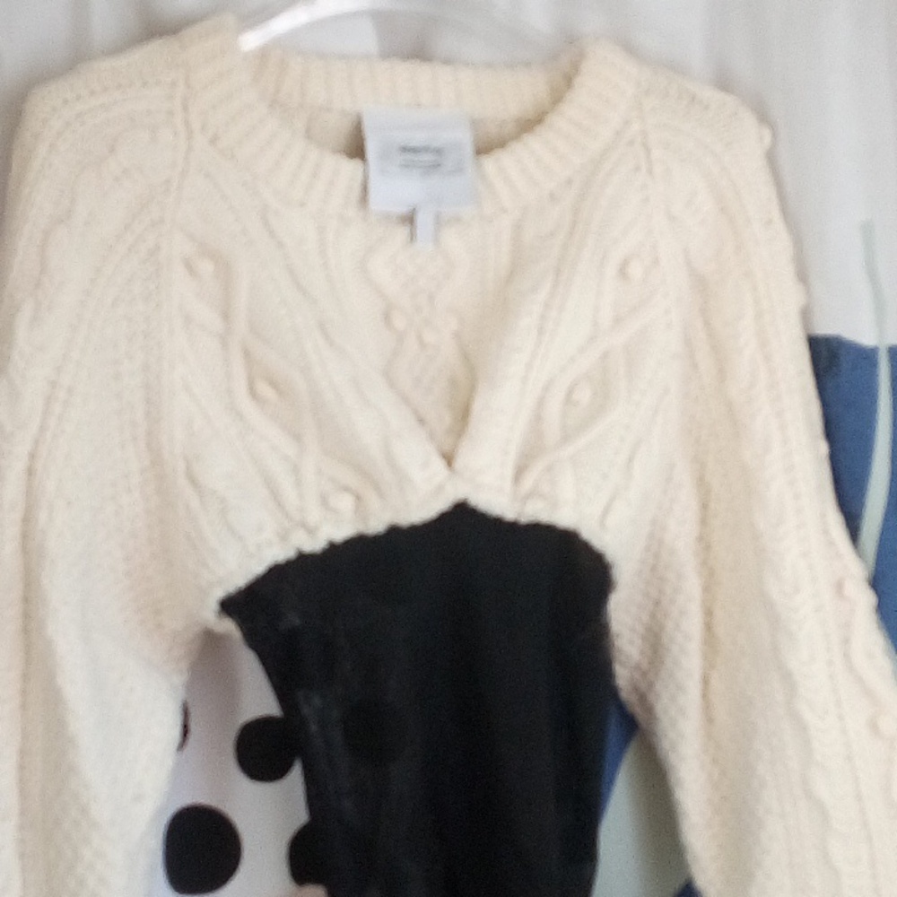 SAMI MIRO VINTAGE Cream Cable-Knit Fisherman Sweater W/Black Mesh Panel, NWT - Picture 4 of 4